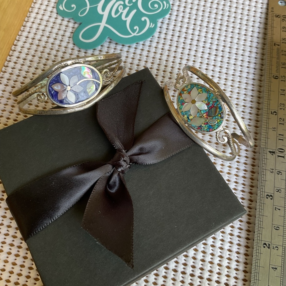 Silver Floral Cuff Bracelets. Vintage Mexico alpaca